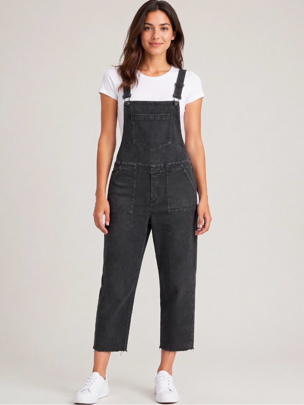 Aerie Corduroy Overalls Women Large Charcoal Gray Relaxed Straight Leg Raw Hem - Picture 1 of 12